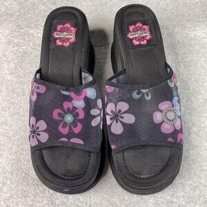 Vintage Y2K Skechers Platform Sandals Womens 10 Black Chunky Floral Slip On